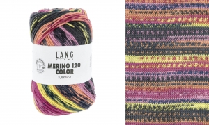 Lang Yarns Merino 120 Color - Pelote de 100 gr - Coloris 0007 Violet/Jaune/Bleu Foncé/Tangerine